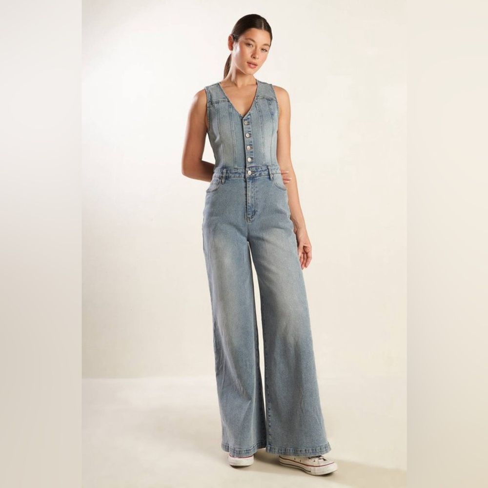 Western Mid Wash Denim Jumpsuit – Wide Leg One-Piece - Picture 3 of 10